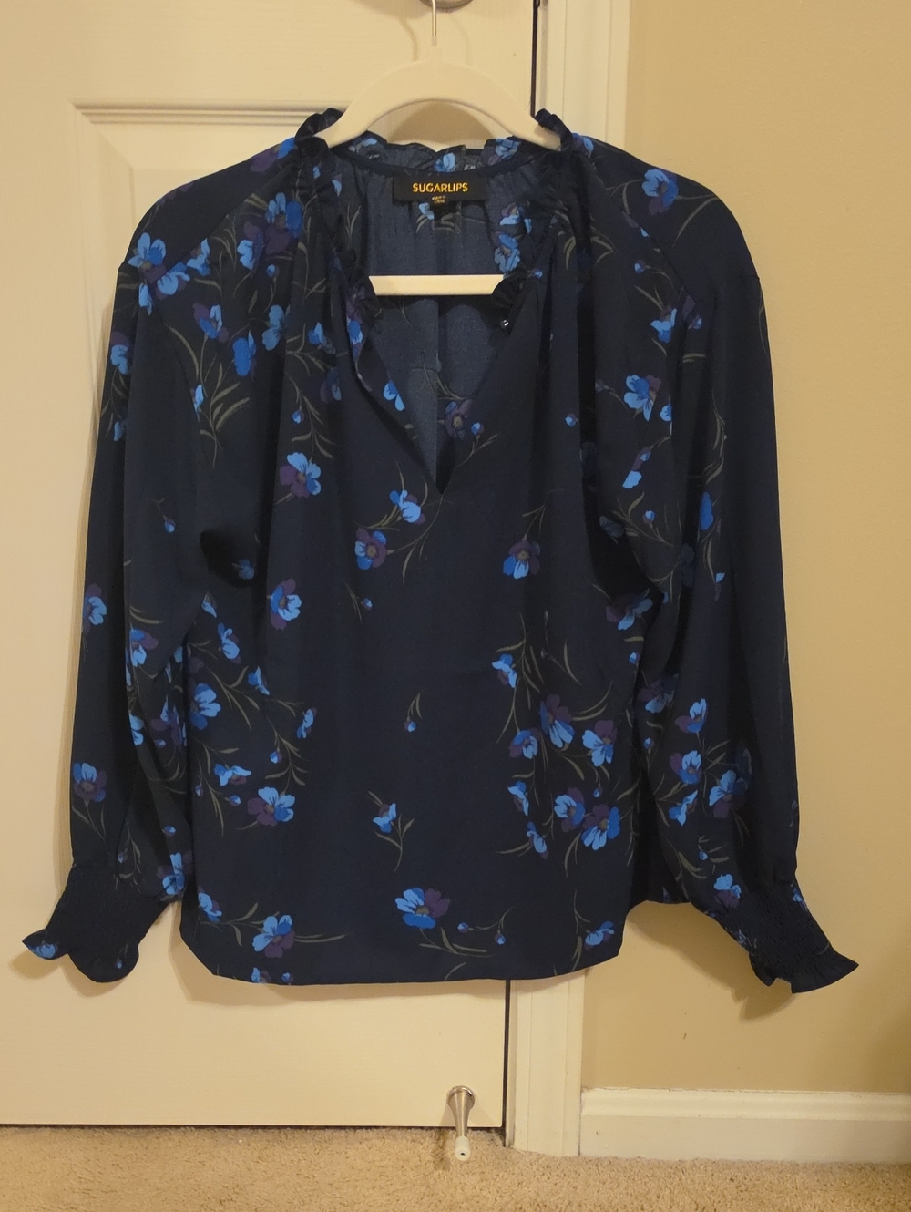 Sugarlips Navy Floral Tie-Neck Blouse with Blue Blossoms